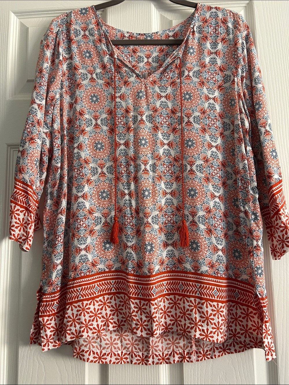 Boho Medallion Print Tunic M/L Rayon Tassel Tie Peasant Blouse - Picture 4 of 12